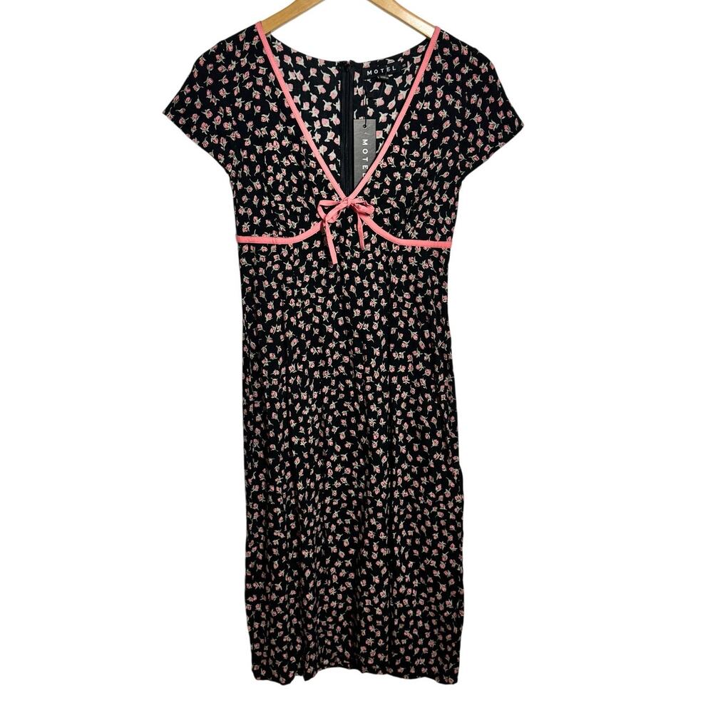 Motel Ditsy‎ floral bow midi dress Women XS pink black Y2K Babydoll Coquette NWT